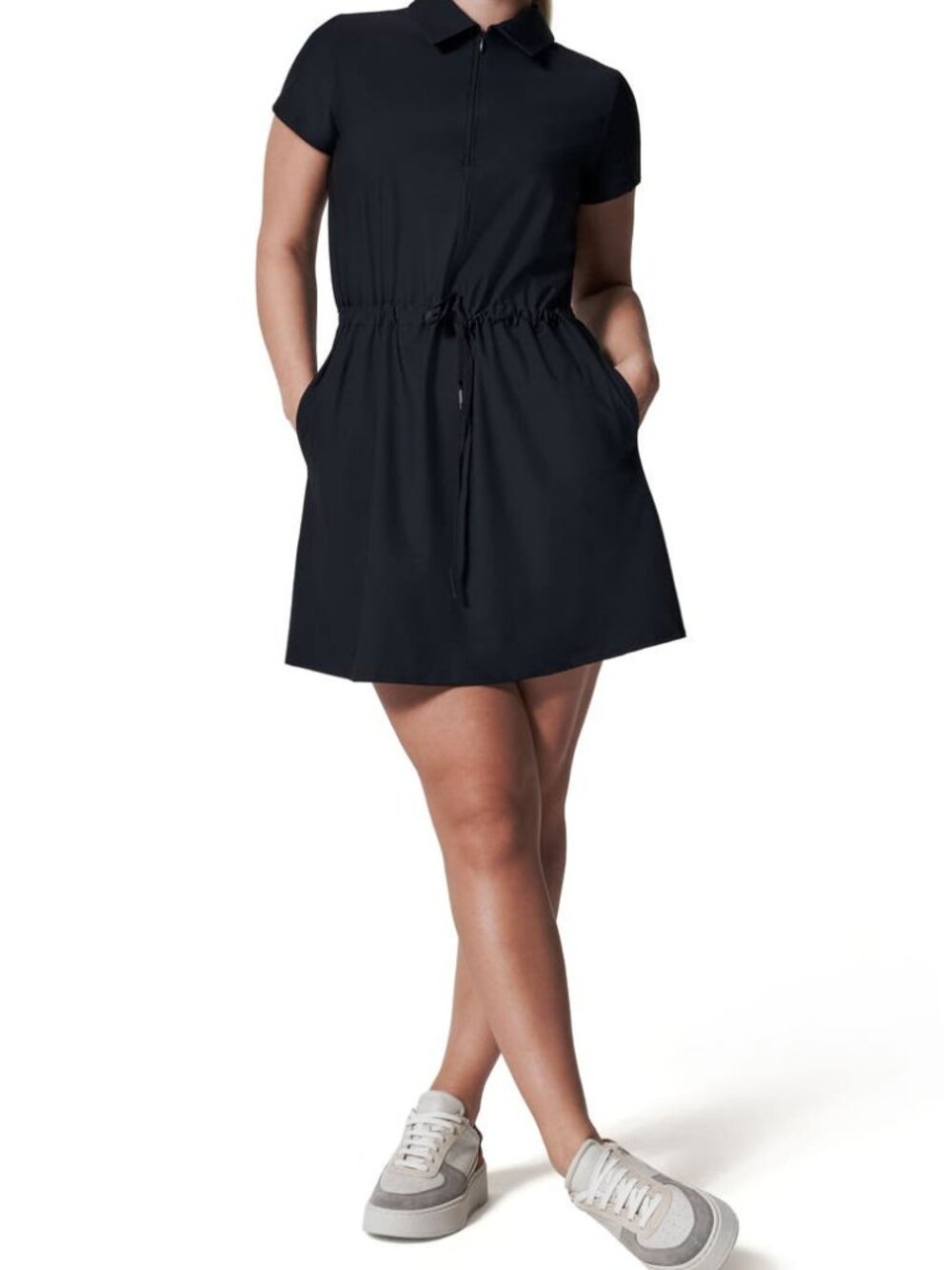 SPANX Sunshine Collared Drawstring Waist Dress SZ L Black NWOT Activewear UPF 50